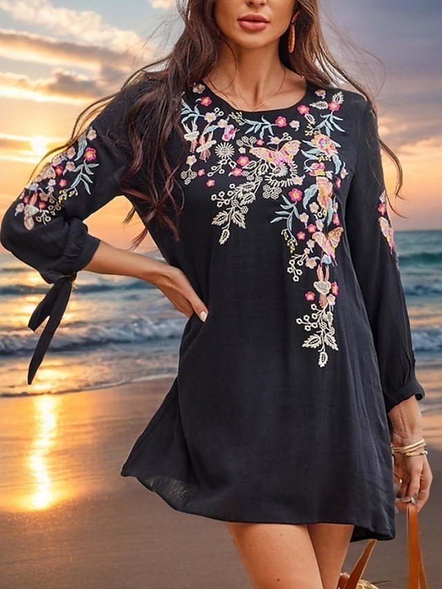 Classic Flowy Floral Crew Neck Long Sleeve Mini Dress - Image 1