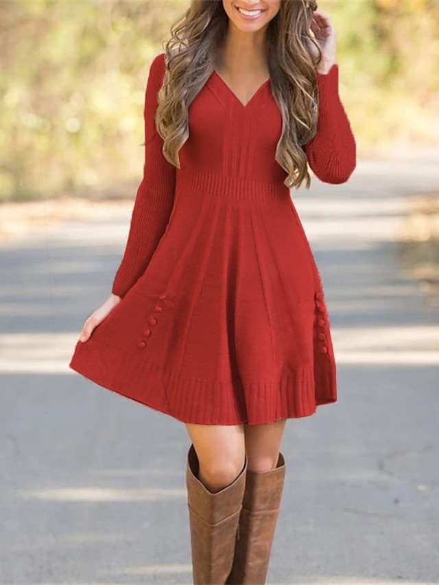 Classic Regular Fit Pure Colour V Neck Long Sleeve Mini Sweater Dress - Image 2