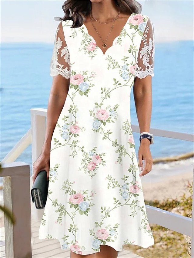 Daily Loose Floral Lace Scalloped Neck Short Sleeve Midi Dress - Image 1