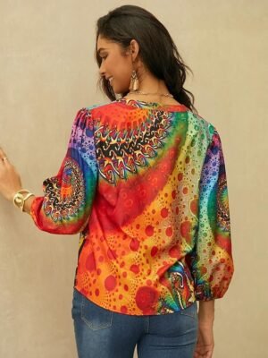 Daily Regular Neon Print V Neck Long Sleeve Blouse - Image 3