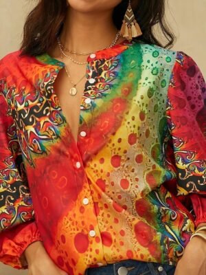 Daily Regular Neon Print V Neck Long Sleeve Blouse - Image 4