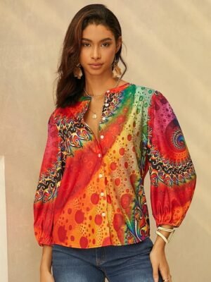 Daily Regular Neon Print V Neck Long Sleeve Blouse - Image 5