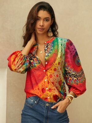 Daily Regular Neon Print V Neck Long Sleeve Blouse - Image 6
