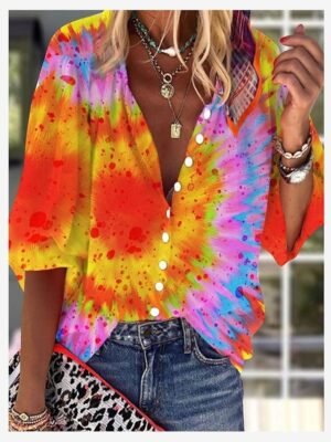 Daily Regular Neon Print V Neck Long Sleeve Blouse - Image 7