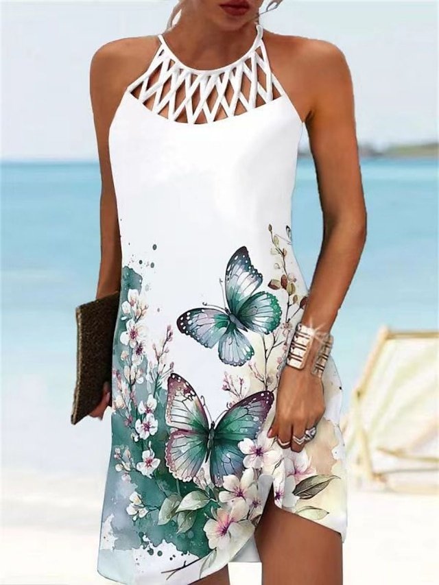Daily Vacation Floral Cut Out Halter Neck Sleeveless Mini Dress - Image 2