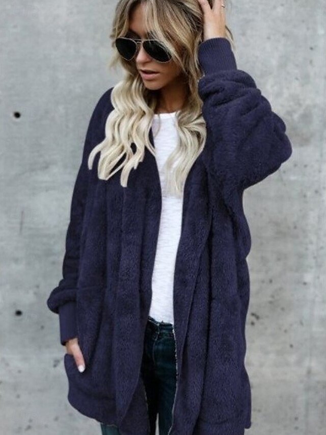 Dressy Loose Solid Colour Long Sleeve Sherpa Jacket - Image 2
