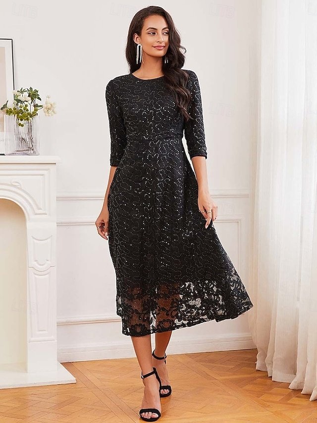 Elegant Black Sequin Crew Neck 3/4 Sleeve Midi Cocktail Dress - Image 2