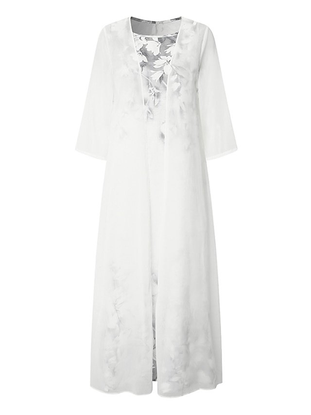 Elegant Classic Floral Crew Neck Long Sleeve Midi Dress Set - Image 2