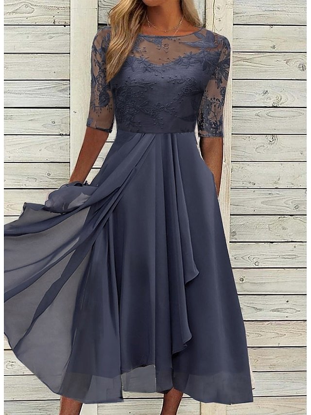 Elegant Classic Lace Floral Embroidery Crew Neck Half Sleeve Midi Dress - Image 1