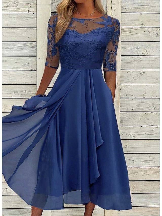 Elegant Classic Lace Floral Embroidery Crew Neck Half Sleeve Midi Dress - Image 2