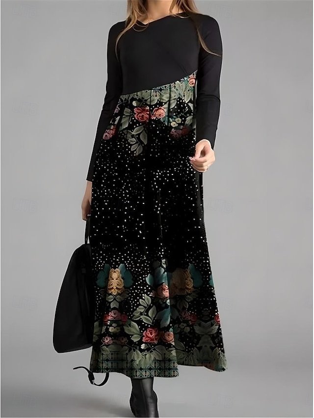 Elegant Floral Crew Neck Long Sleeve Maxi Dress - Image 1