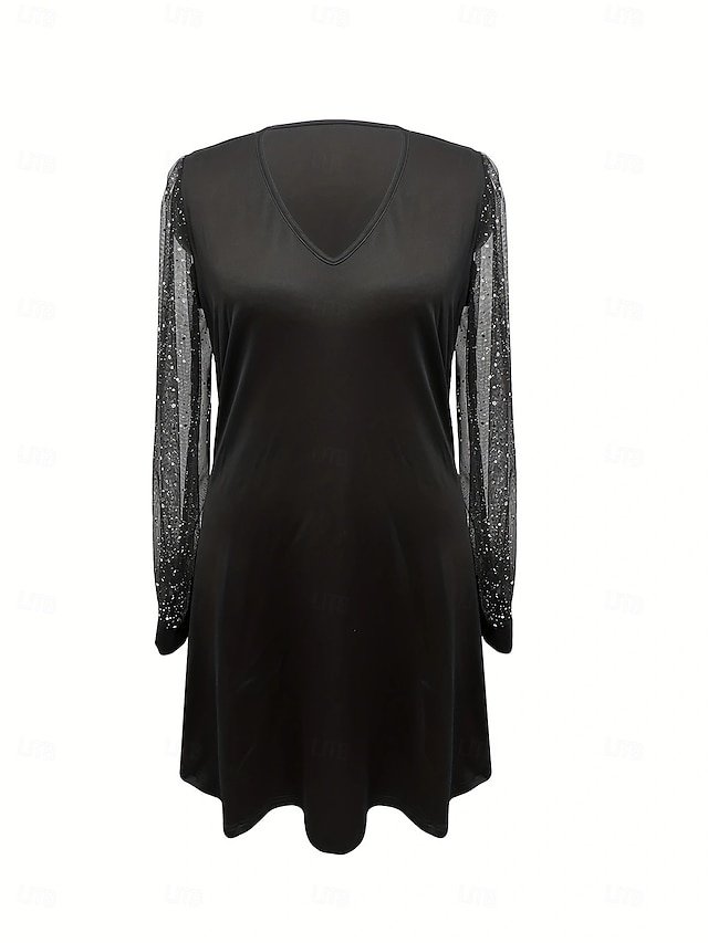 Elegant Formal Mesh Patchwork V Neck Long Sleeve Mini Dress - Image 2