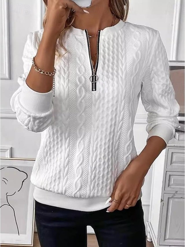 Elegant Loose Plain Crew Neck Zipper Long Sleeve Sweatshirt - Image 1