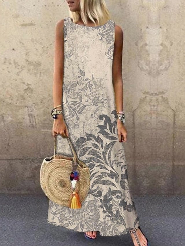 Elegant Regular Fit Floral Crew Neck Sleeveless Maxi Dress - Image 1