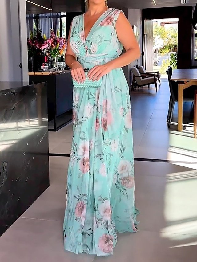 Elegant Regular Fit Floral Print V Neck Sleeveless Maxi Dress - Image 2