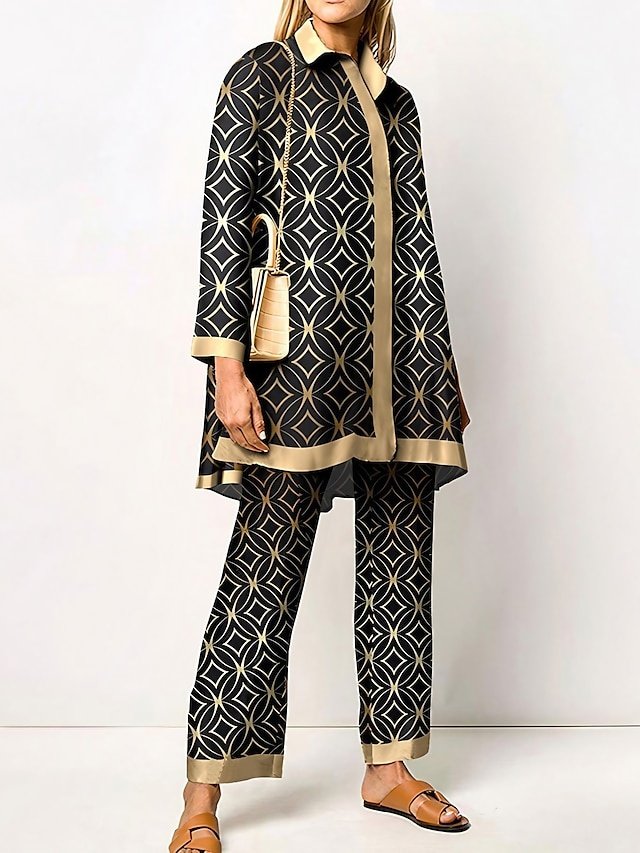 Elegant Regular Fit Graphic Print Shirt Collar Long Sleeve Two Piece Set - Image 1