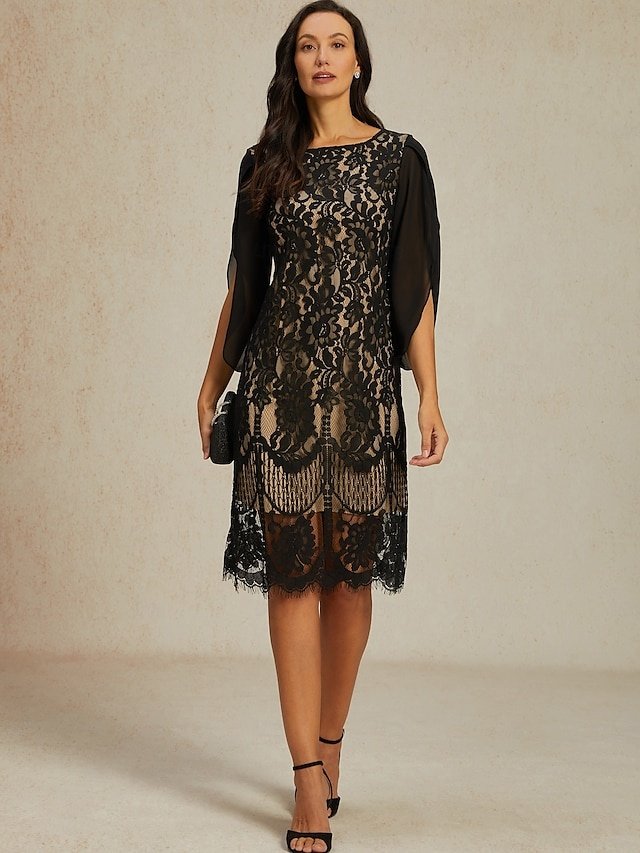 Elegant Regular Fit Mesh Lace Crew Neck 3/4 Sleeve Knee Length Dress - Image 1