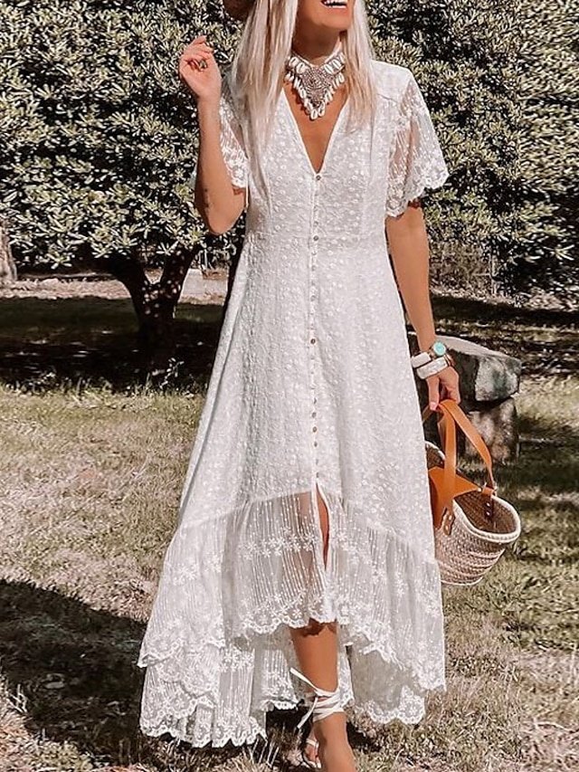 Elegant Regular Fit Pure Colour V Neck Short Sleeve Midi Dress - Image 1