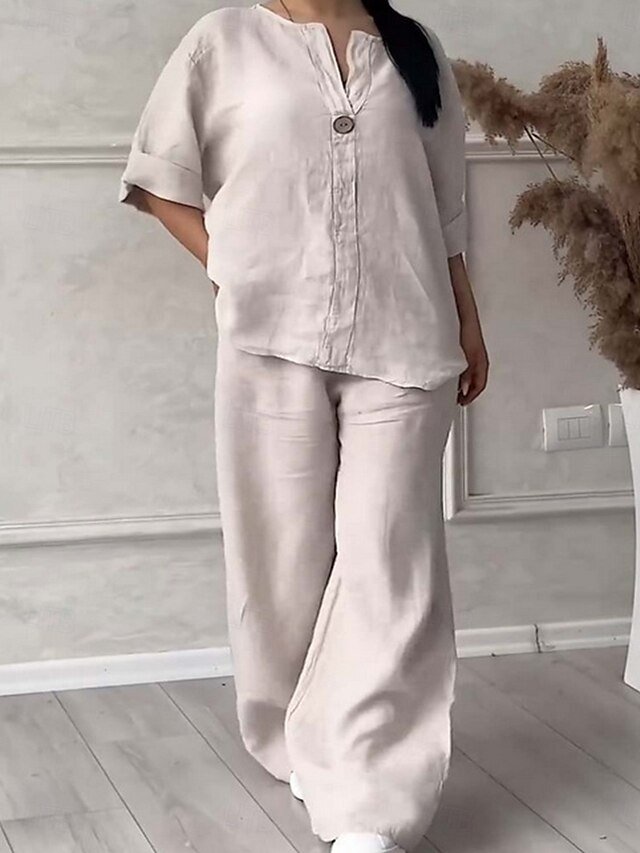 Elegant Regular Fit Solid Shirt Collar Short Sleeve Summer 2 Pieces Set - Image 2