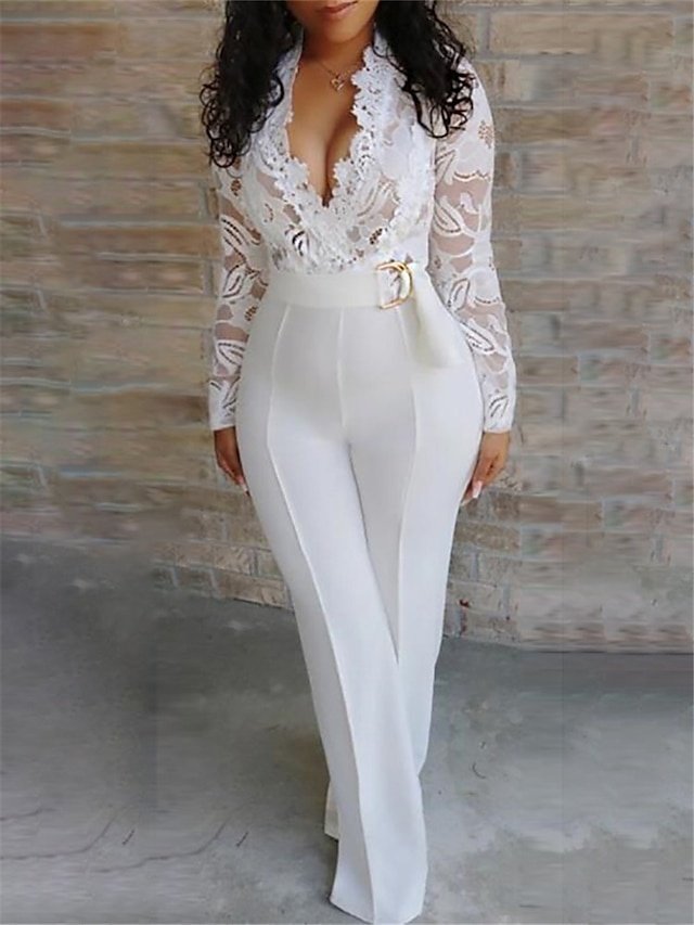 Elegant Regular Fit Solid V Neck Long Sleeve Jumpsuit - Image 1