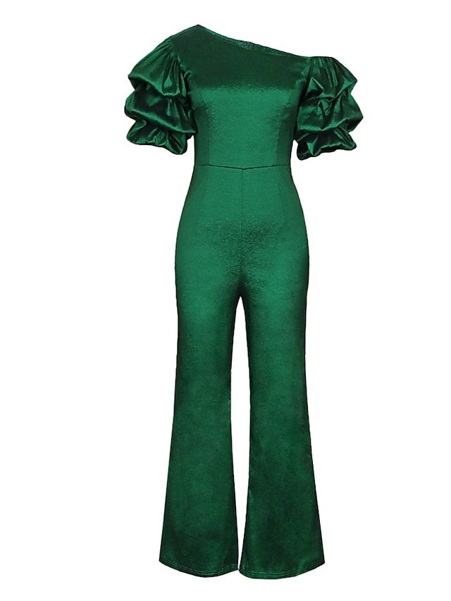 Elegant Regular Fit Solid V Neck Puff Sleeve High Waist Jumpsuit - Image 2