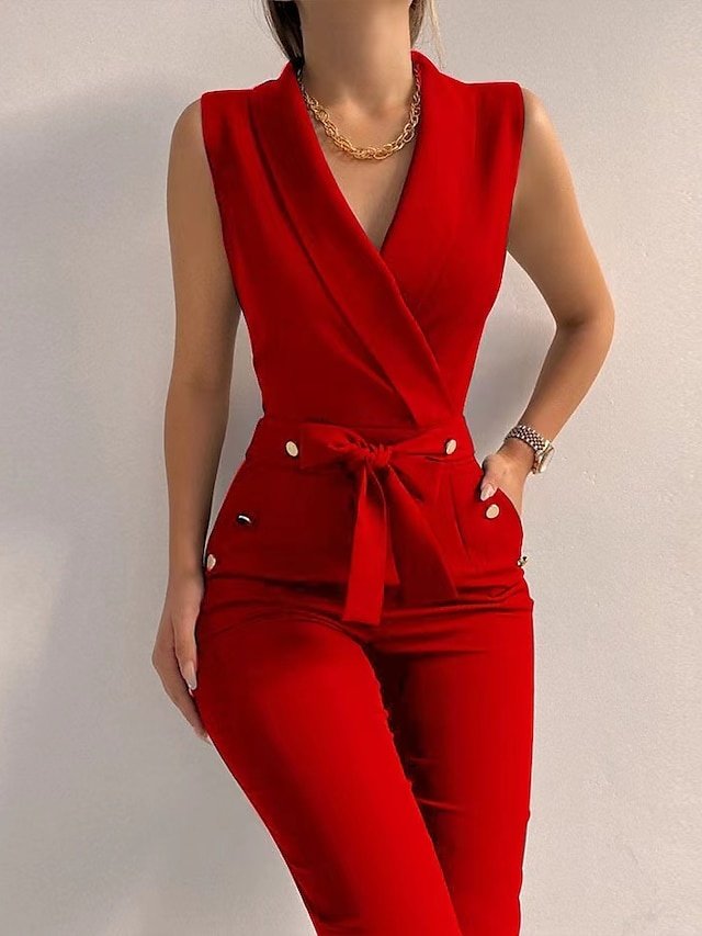 Elegant Regular Fit Solid V Neck Sleeveless Jumpsuit - Image 1
