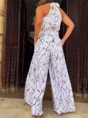 Elegant Regular Fit Striped Stand Collar Sleeveless Pocket Print Jumpsuit - Image 7