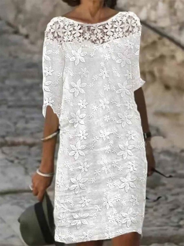 Elegant Regular Fit White Crew Neck Knee Length Shift Dress - Image 1