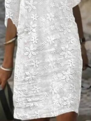 Elegant Regular Fit White Crew Neck Knee Length Shift Dress - Image 3