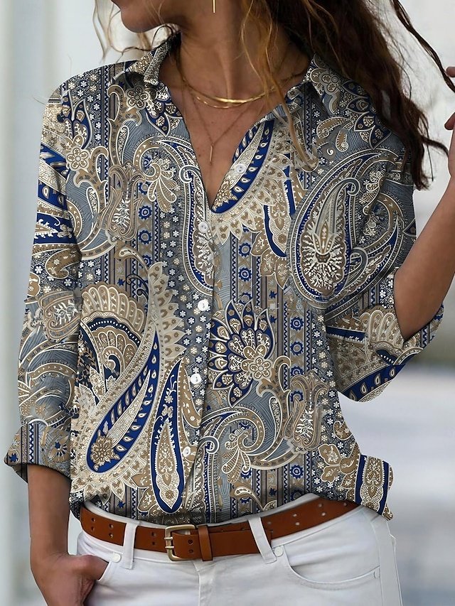 Elegant Regular Paisley Shirt Collar Long Sleeve Blouse - Image 1