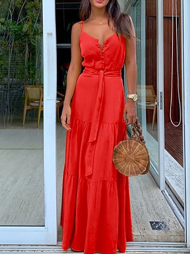 Elegant Slim Pure Colour Spaghetti Strap Sleeveless Maxi Dress - Image 2