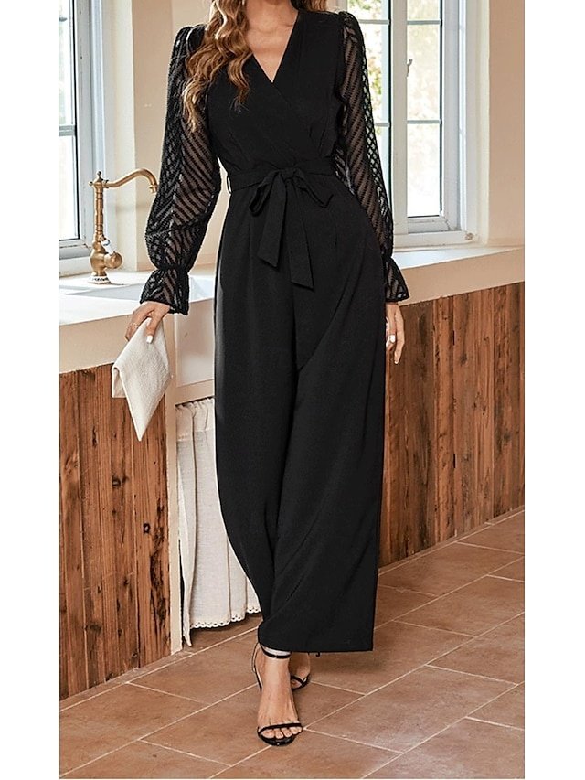 Elegant Slim Solid V Neck Long Sleeve Wide Leg Jumpsuit - Image 1