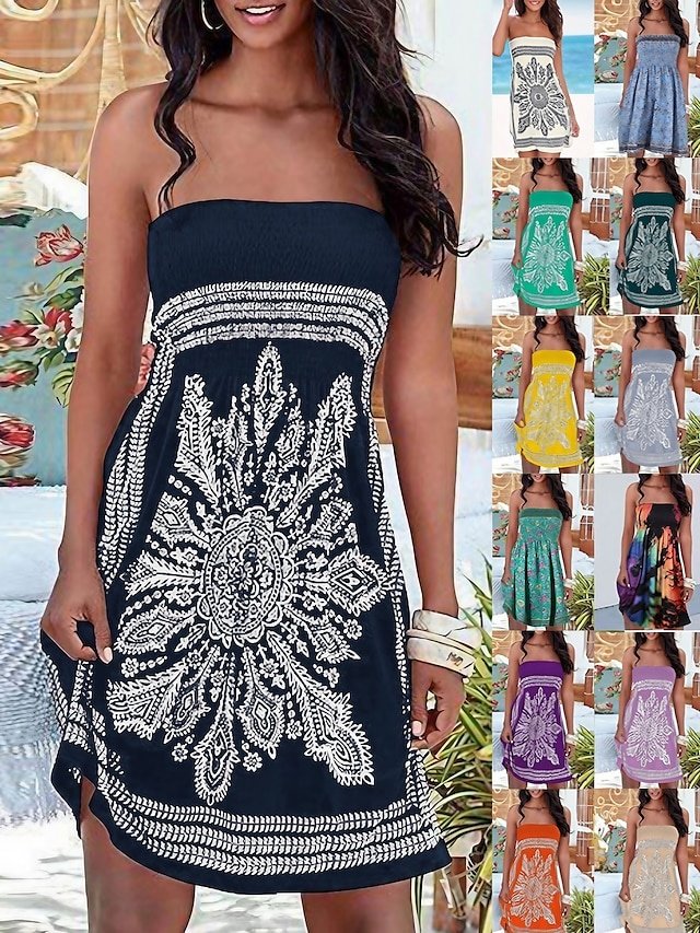 Elegant Standard Fit Graphic Strapless Sleeveless Mini Beach Dress - Image 1