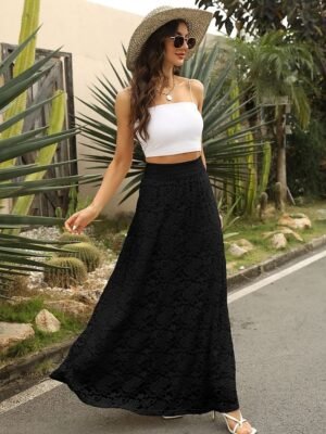 Elegant Vintage High Waist Lace Floral Maxi Skirt - Image 14