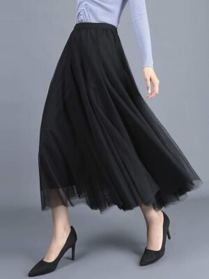 Elegant Vintage Pleated Layered Long Tulle Maxi Skirt - Image 5