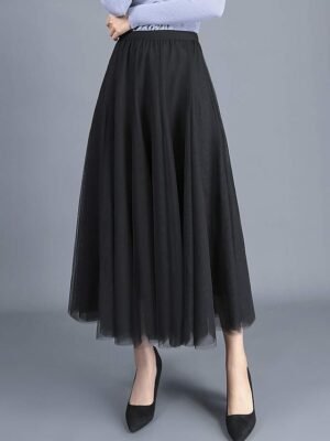 Elegant Vintage Pleated Layered Long Tulle Maxi Skirt - Image 7