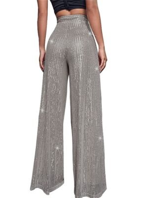 Elegant Wide Leg Plain High Waist Full Length Sparkly Trousers - Image 10