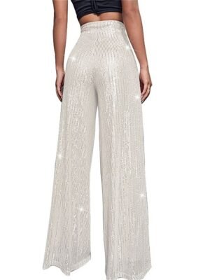 Elegant Wide Leg Plain High Waist Full Length Sparkly Trousers - Image 11