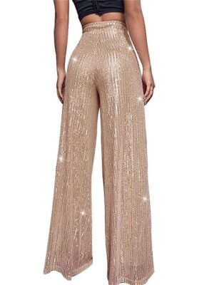 Elegant Wide Leg Plain High Waist Full Length Sparkly Trousers - Image 12