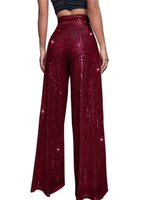 Elegant Wide Leg Plain High Waist Full Length Sparkly Trousers - Image 13
