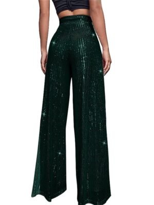 Elegant Wide Leg Plain High Waist Full Length Sparkly Trousers - Image 15