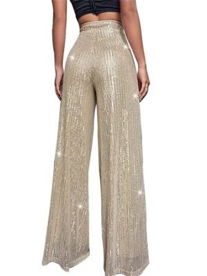 Elegant Wide Leg Plain High Waist Full Length Sparkly Trousers - Image 16