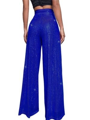 Elegant Wide Leg Plain High Waist Full Length Sparkly Trousers - Image 5