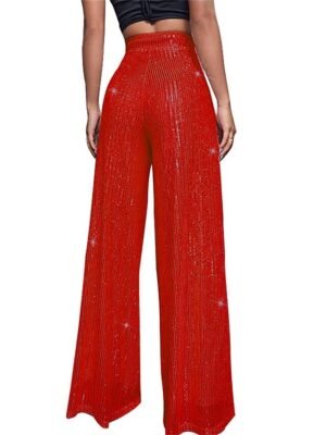 Elegant Wide Leg Plain High Waist Full Length Sparkly Trousers - Image 6