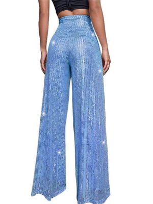 Elegant Wide Leg Plain High Waist Full Length Sparkly Trousers - Image 8
