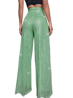 Elegant Wide Leg Plain High Waist Full Length Sparkly Trousers - Image 9