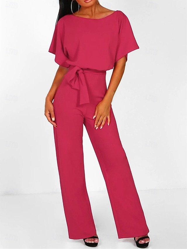Elegant Wide-Leg Solid Round Neck Short Sleeve Jumpsuit - Image 2