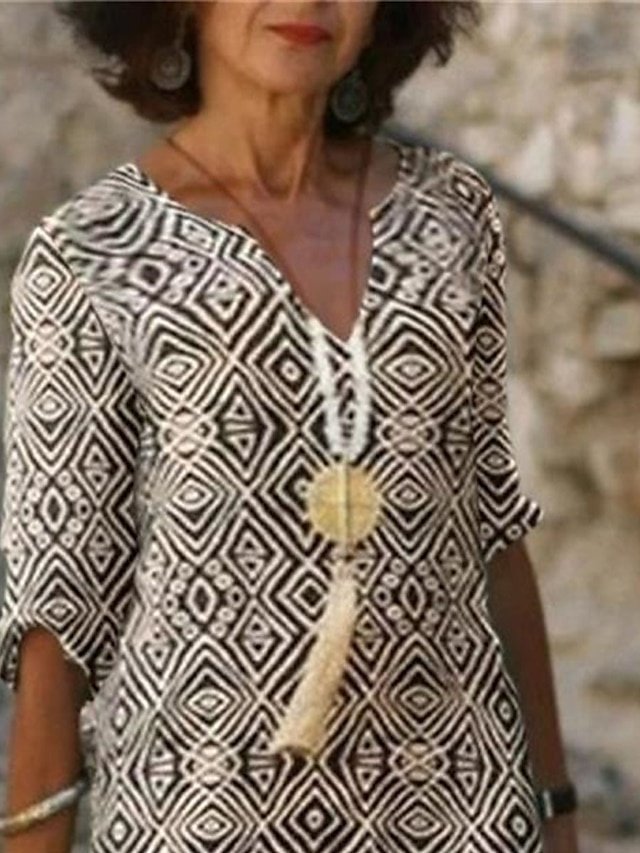 Ethnic Loose Tribal V Neck 3/4 Sleeve Mini Dress - Image 2