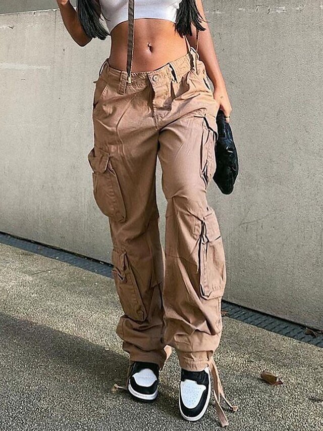 Fashion Baggy Plain Mid Waist Full Length Cargo Trousers - Image 1