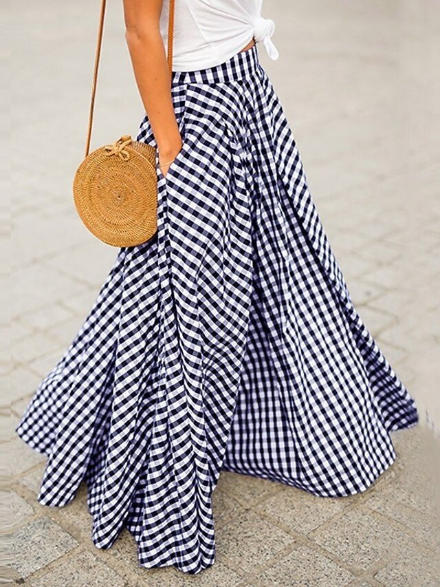 Fashion Coastal Grandma Style Plaid Pocket Maxi Skirt - Image 2